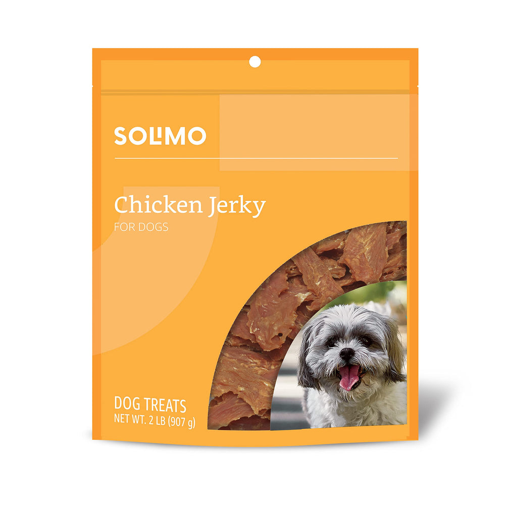 Amazon Brand Solimo chicken jerky dog treats bag shows 2 lb packaging for easy rewards