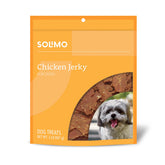Amazon Brand Solimo chicken jerky dog treats bag shows 2 lb packaging for easy rewards