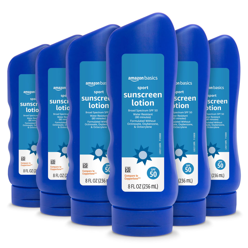 Solimo sport sunscreen lotion SPF 50 bottle shows broad spectrum protection for outdoor activities