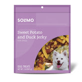 Solimo sweet potato duck jerky closeup shows chewy texture for dog rewards