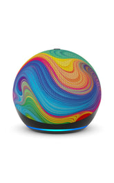 Amazon Echo Dot Kids with rainbow swirl on a kid's desk supports playful learning and independence.