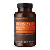 Amazon Elements B Complex bottle front showcases vegan whole-food vitamins for daily energy support