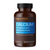Amazon Elements calcium-d2 vegan bottle highlighting calcium and D2 for bone health support