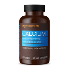 Amazon Elements calcium-d2 vegan bottle highlighting calcium and D2 for bone health support