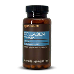 Amazon Elements Collagen Complex bottle front showing hydrolyzed collagen for potential joint support.