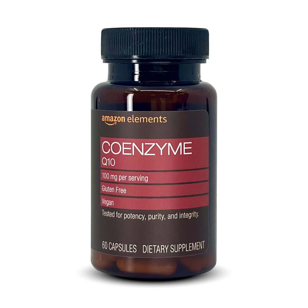 Amazon Elements CoQ10 bottle front, vegan supplement supporting normal energy production.