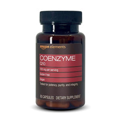 Amazon Elements CoQ10 bottle front, vegan supplement supporting normal energy production.