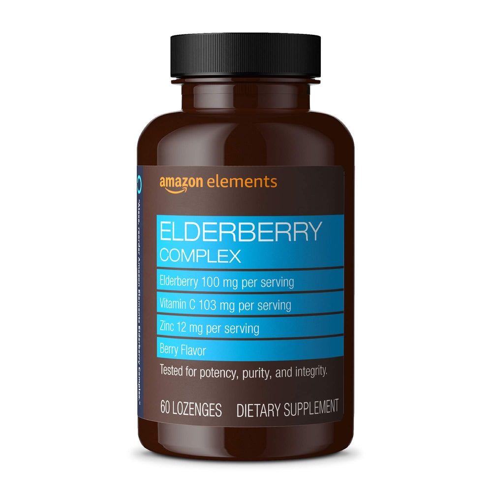 Amazon Elements Elderberry Complex lozenge bottle with berry flavor for daily use.