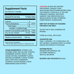 Amazon Elements Elderberry Complex bottle label shows serving size for easy daily dosing.