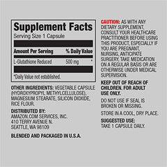 Amazon Elements Glutathione capsules closeup highlighting 500 mg per serving.