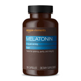 Amazon Elements Melatonin 5mg bottle close-up suggesting sleep support potential