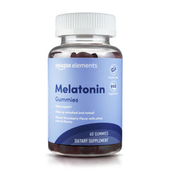 Amazon Elements Melatonin Gummies strawberry bottle for nightly sleep support.