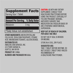 Amazon Elements Melatonin tablets in unflavored packaging for simple nightly intake.