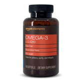 Amazon Elements Omega-3 + CoQ10 bottle shows 60 softgels for daily heart and brain support.