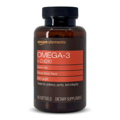 Amazon Elements Omega-3 + CoQ10 bottle shows 60 softgels for daily heart and brain support.