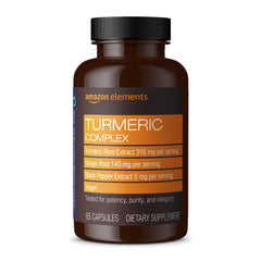 Amazon Elements Turmeric Complex bottle shown for daily joint support.
