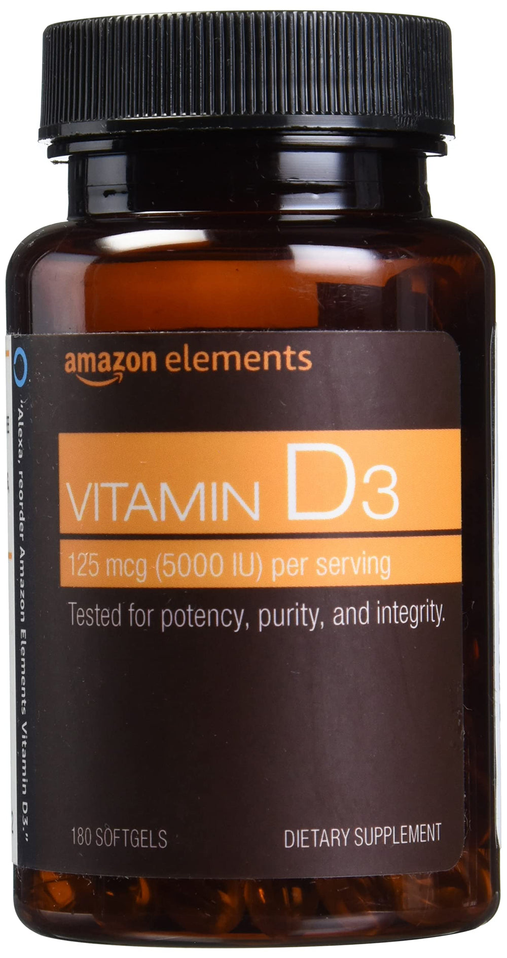 Amazon Elements Vitamin D3 5000 IU bottle on shelf for daily immune support