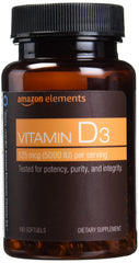 Amazon Elements Vitamin D3 5000 IU bottle on shelf for daily immune support