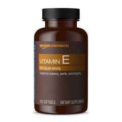 Amazon Elements Vitamin E 400 IU bottle with 100 softgels, ready for daily use