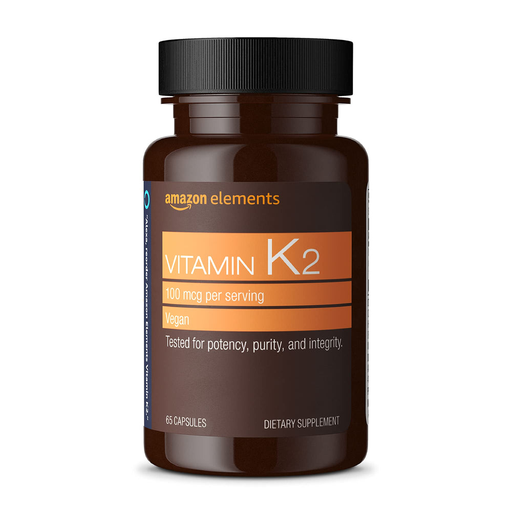 Amazon Elements Vitamin K2 100 mcg bottle for daily vegan supplementation.