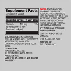 Amazon Elements Vitamin K2 100 mcg capsules emphasizing vegan formula.