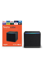 Amazon Fire TV Cube front view showing compact streaming hub for living rooms