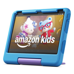 Amazon Fire HD 10 Kids tablet blue front view with large kid friendly display