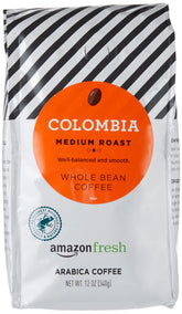 Amazon Fresh Colombia coffee bag with whole beans ready to grind for flavor