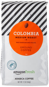Amazon Fresh Colombia ground coffee 12 oz bag with balanced medium roast.