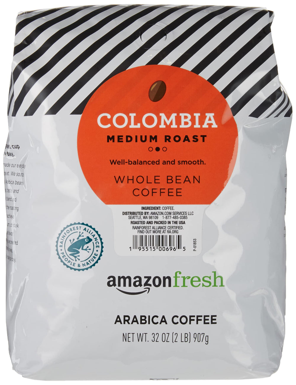Amazon Fresh Colombia whole bean coffee 32 oz bag with rich aroma