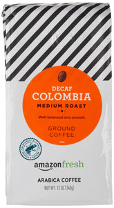 Amazon Fresh Decaf Colombia ground coffee beans close-up showing rich aroma and body
