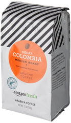 Amazon Fresh decaf Colombia ground coffee packaging in a three-pack for freshness