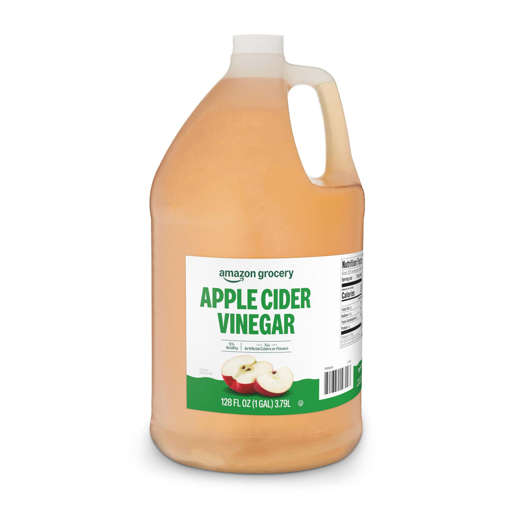 Amazon Grocery Apple Cider Vinegar 1 gal bottle pouring for versatile cooking and cleaning.