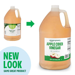 Amazon Grocery Apple Cider Vinegar 1 gal unopened bottle close-up shows authenticity and purity.
