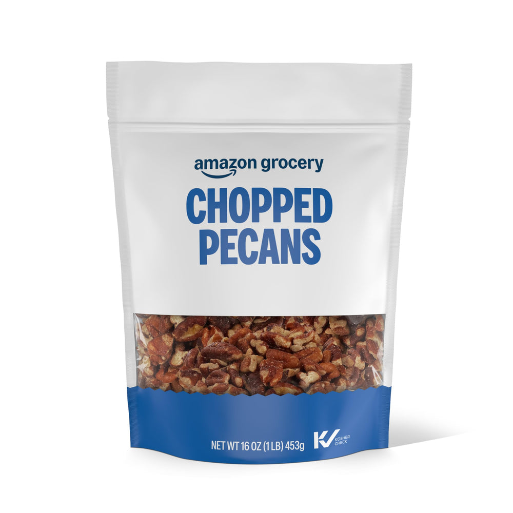 Amazon Grocery chopped pecans 16oz bag, ready for baking and snacking.
