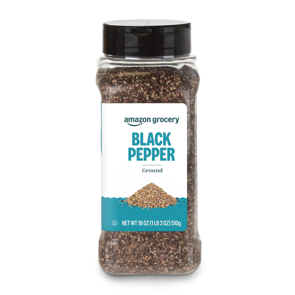 Amazon Grocery ground black pepper 18oz bottle for rich, versatile seasoning.