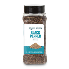 Amazon Grocery ground black pepper 18oz bottle for rich, versatile seasoning.