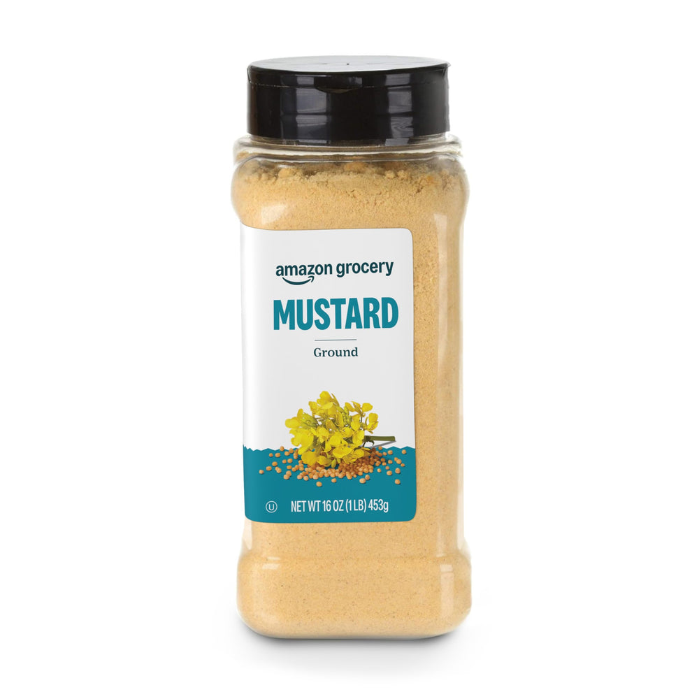 Amazon Grocery ground mustard 16oz bottle with pour spout for tangy flavor enhancement.