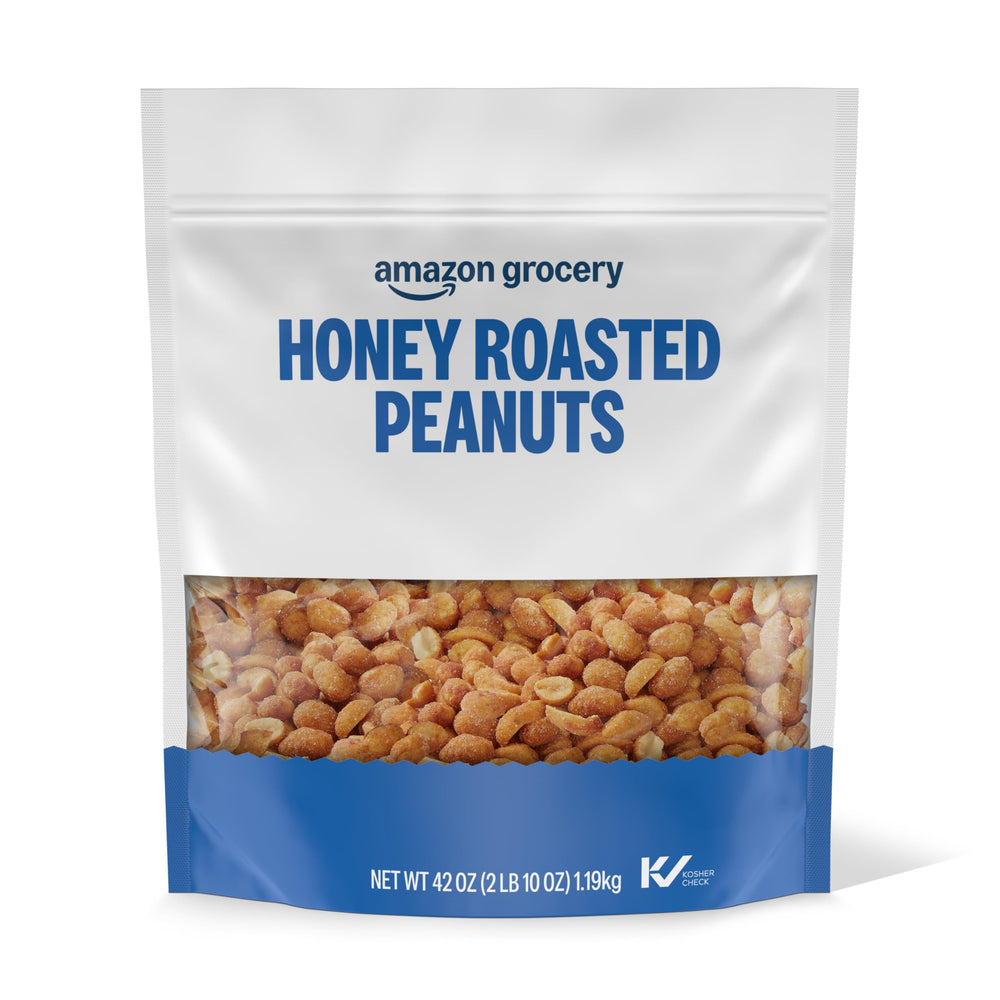 Amazon Grocery Happy Belly honey roasted peanuts in a 42 oz bag for snacking.