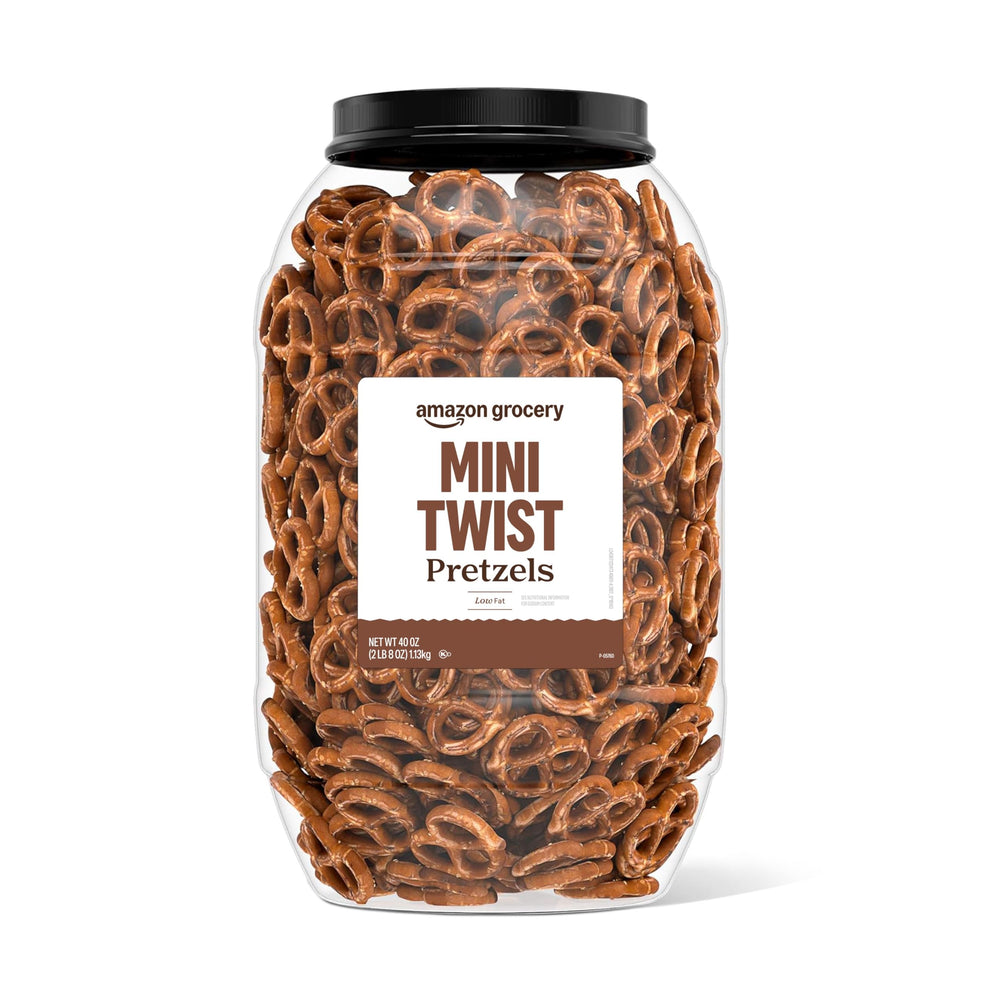 Amazon Grocery Mini Twist Pretzels 40oz container for convenient snacking.