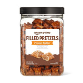 Amazon Grocery peanut butter filled pretzels packaging shows a 24 oz container for easy snacking.