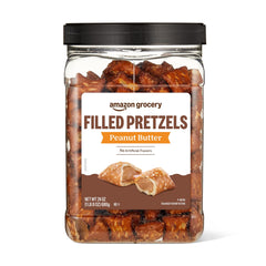 Amazon Grocery peanut butter filled pretzels packaging shows a 24 oz container for easy snacking.