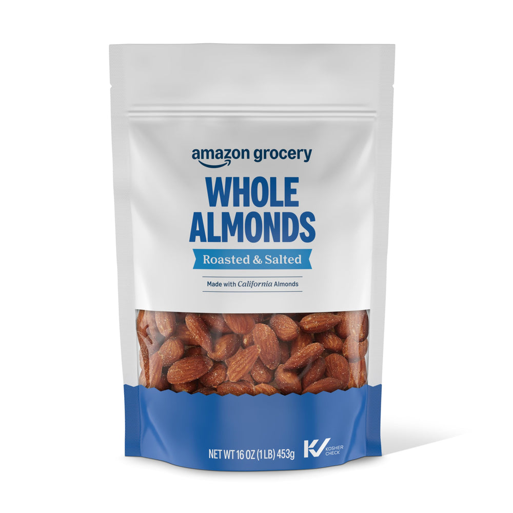 Amazon Grocery roasted salted almonds in 16 oz, ready to snack.