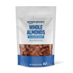 Amazon Grocery roasted salted almonds in 16 oz, ready to snack.