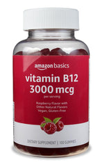 Amazon Basics Vitamin B12 Gummies Raspberry bottle promotes convenient energy metabolism.