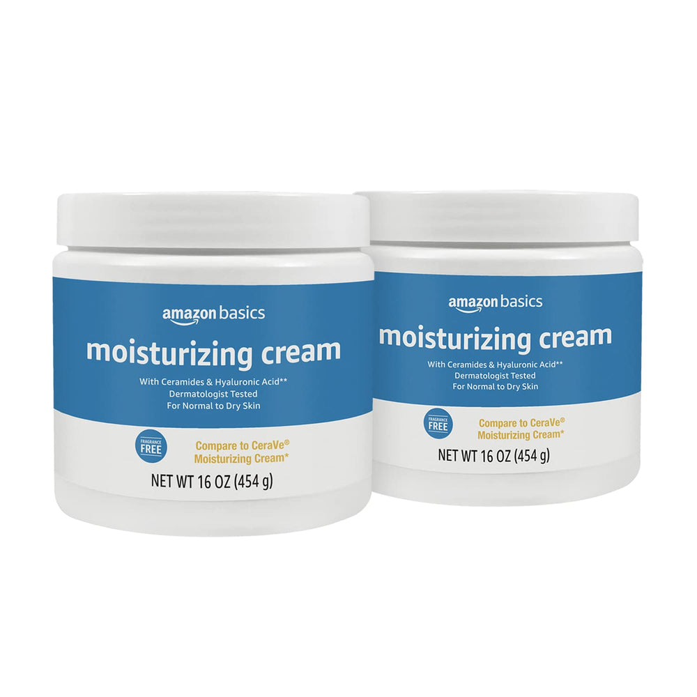 Amazon Basics Moisturizing Cream jar front view; fragrance-free formula for sensitive skin.