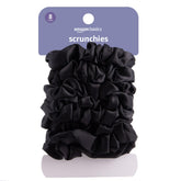 Amazon Basics satin scrunchies in black offer smooth glide for gentle, no-crease styling.
