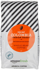 Amazon Fresh Decaf Colombia bag front view highlights 12-ounce size for daily use.