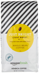 Amazon Fresh Just Bright whole bean coffee bag with fresh aroma for morning enjoyment.