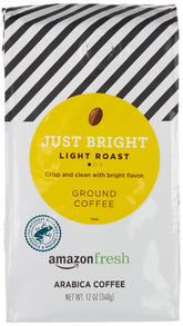 Amazon Fresh Just Bright ground coffee bag front view for a smooth morning.